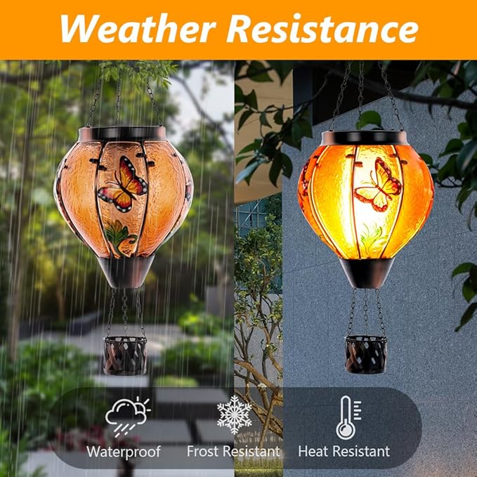 Starsoul Butterfly Hot Air Balloon Solar Lantern with Flickering Flame Light Glass Solar Powered Hot Air Balloon Lamp Waterproof Hanging Outdoor Solar Lantern for Yard Porch Backyard Decor