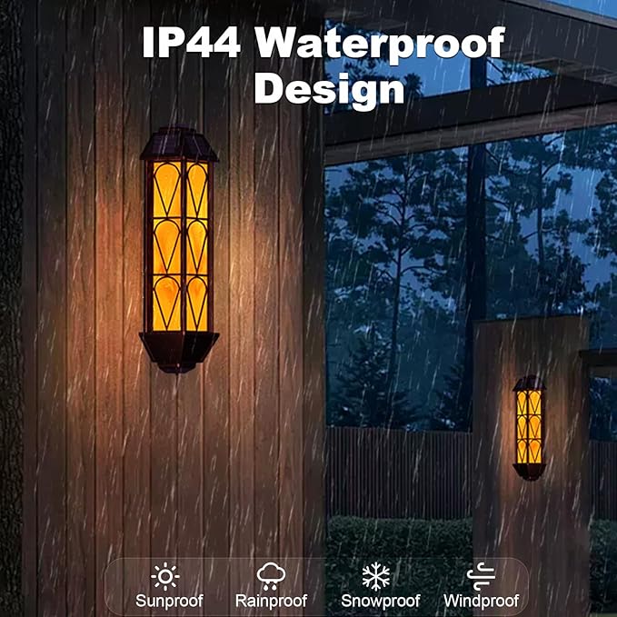 KINGLEAD Flickering Flame Solar Wall Lights Outdoor Waterproof, Light Sensor Outdoor Wall Lights with 2 Lighting Mode, Vintage Solar Wall Lights for House Garden Porch Backyard Patio, 2 Pack