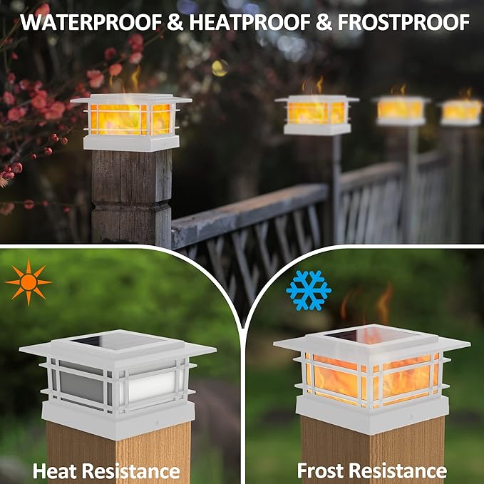 Dynaming 4 Pack Solar Flame Post Lights Outdoor, Solar Powered Fence Post White Shell Cap Light, High Brightness Flickering Flame LED Lighting for Garden Deck Patio, Fit 4x4 5x5 6x6 Vinyl/Wooden Posts