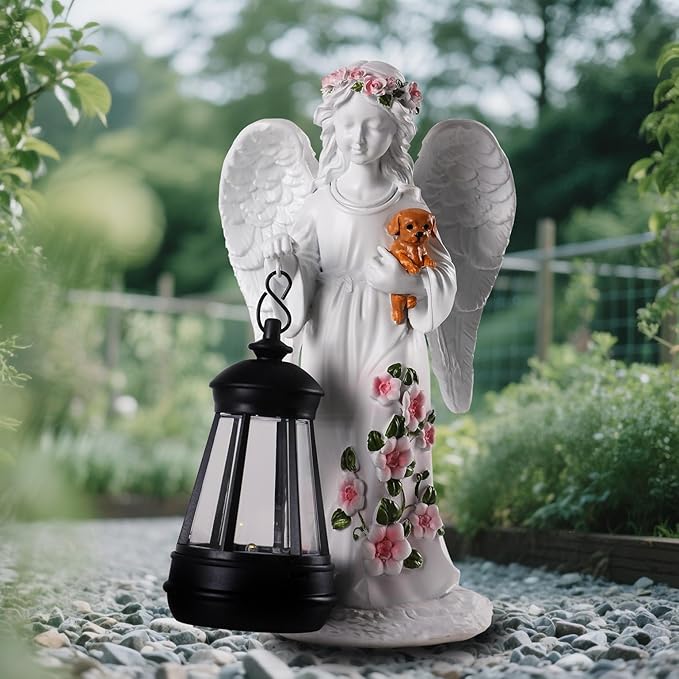 Solar Garden Decor - Angel Statues with Solar Lantern 8.7" Resin Angel Figurines Outdoor Waterproof Decorations for Yard Patio Lawn Porch Gardening Gift for Women Mother Girlfriend Wife