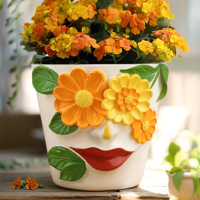 GUGUGO Abstract Face Flower Planters Colorful Unique Rainbow Head Planter with Drainage, Cute Flower Plant pot for Indoor Plants, Eclectic Succulent Gardening Pot for Home Décor (Orange&Yellow, 5Inch)
