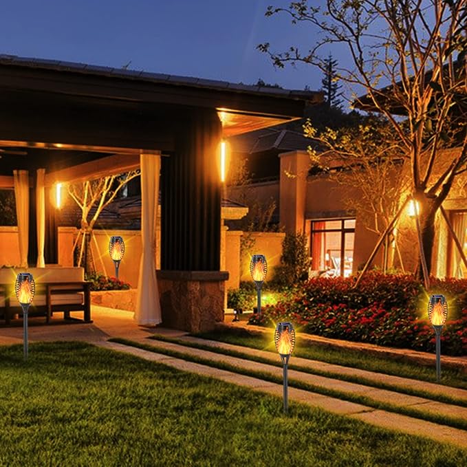 EOYIZW 8 Pack Solar Torch Light with Flickering Flame, 12 LEDs Solar Lights Outdoor, IP65 Waterproof Solar Tiki Torches for Outside Landscape Decoration Outdoor Lights for Garden Yard Patio