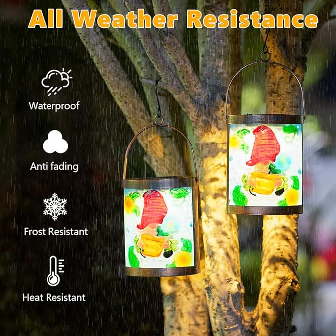 2 Pack Gnome Hanging Solar Lantern Decorative Glass LED Solar Lanterns Outdoor Waterproof for Garden Yard Patio