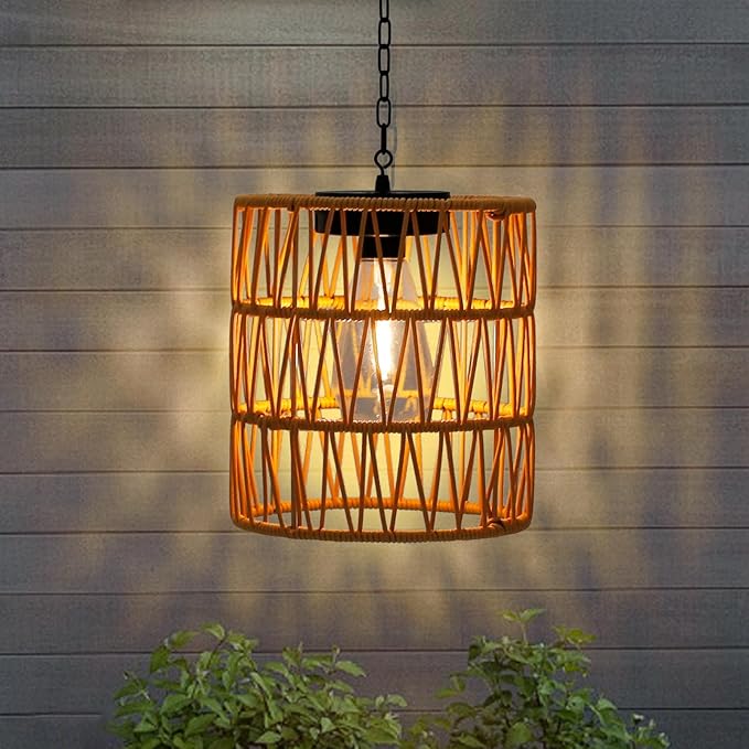Solar Chandelier Lantern,Outdoor Rattan Pendant Lights,Waterproof Boho Hanging Lamps with Edison Bulb for Gazebo Tree Porch Yard Porch Patio Garden Backyard Decor