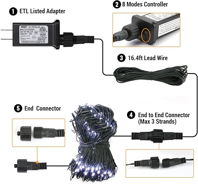 LYHOPE 12ft x 5ft 360 LED Christmas Net Lights, 8 Modes Low Voltage Green Wire Mesh Christmas Decorations Lights for Xmas Trees, Bushes, Wedding, Garden, Outdoor, Indoor Decor (Clear White)