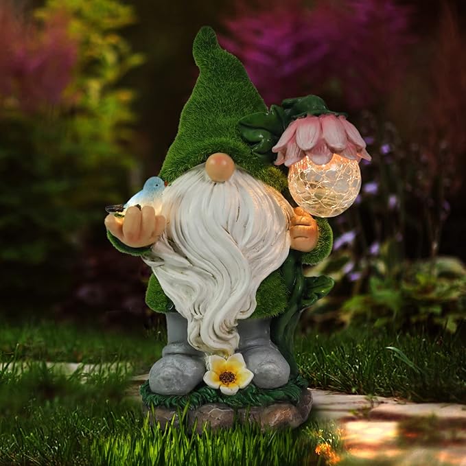 Garden Gnome Statue - Funny Gnome Decoration Hold Flower with Solar Crackle Glass Globe Lights, Resin Gnome Figurine Ornament for Patio Yard Lawn Porch Outdoor Decor