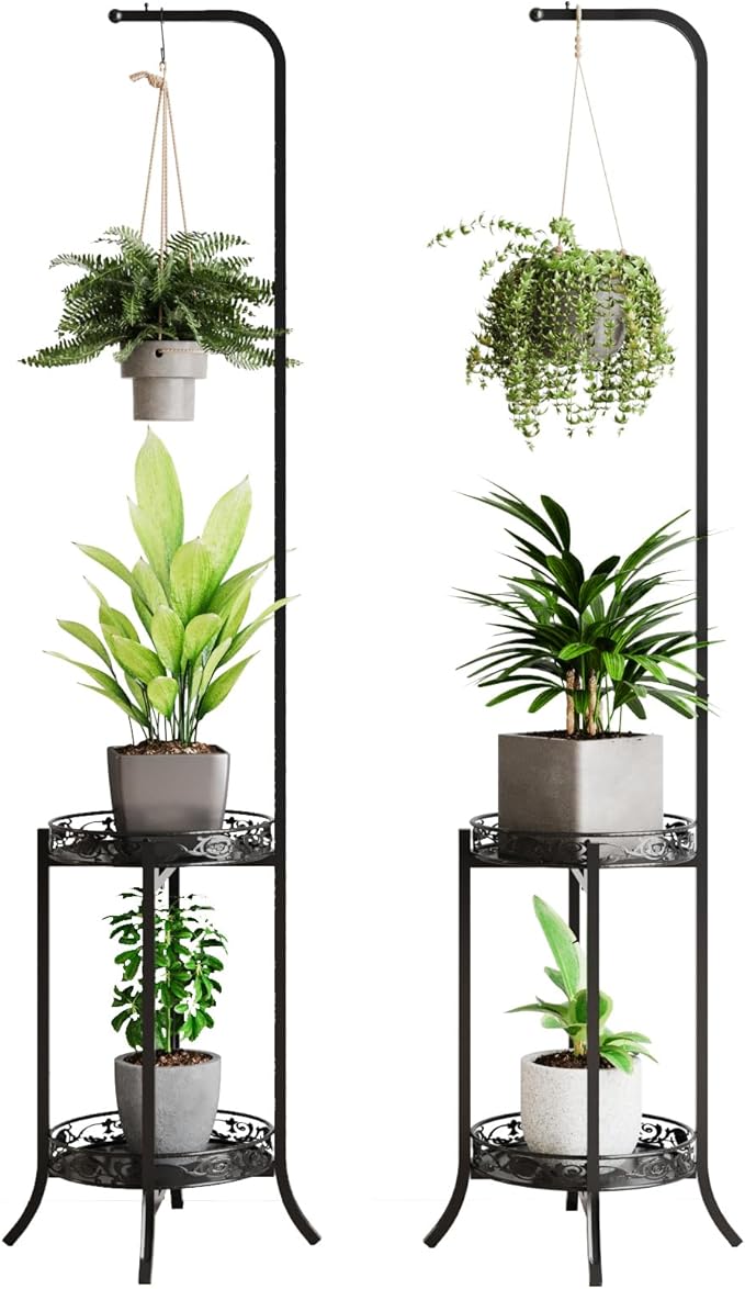 COPREE 2-tier Hanging Plant Stand 2 Pack, Space-Saving Iron Planter Shelves Flower Pot Organizer Rack Multiple Flower Pot Display Holder Shelf Indoor Outdoor Heavy Duty Planter Shelving Unit