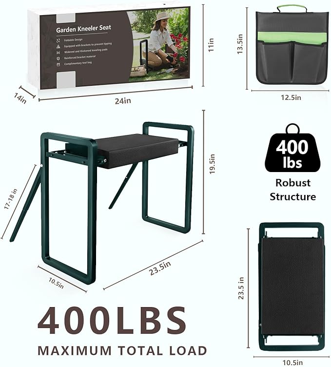 Garden Kneeler and Seat Heavy Duty,Foldable Gardening Stool with Anti-Tipping，10" Thicken & Widen Soft Kneeling Pad,Great Gardening Gifts for Women and Men, Bench Comes with Tool Pouch,Green