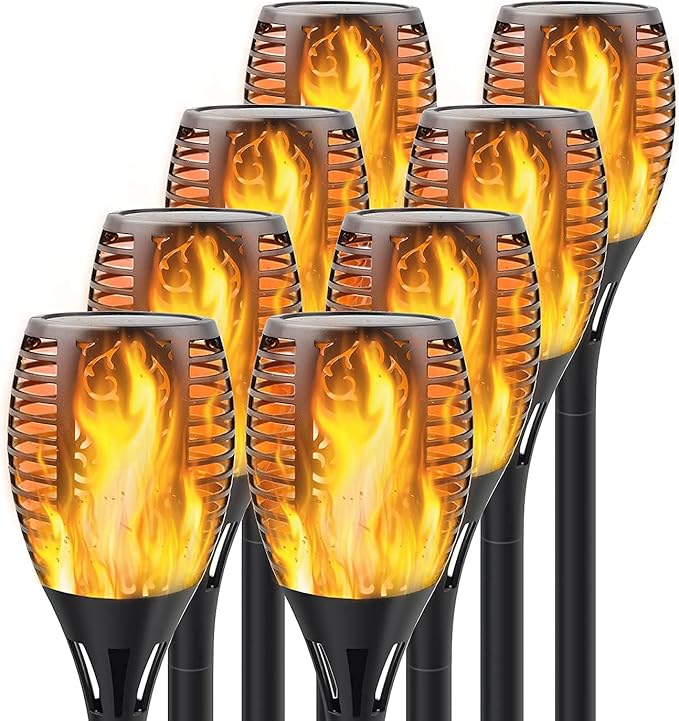 Solar Torch Lights with Flickering Flame, Fire Effect Garden Light, Auto On/Off Dust to Dawn, Outdoor Waterproof Landscape Decoration, Powered Security Light for Patio, 8 Pack