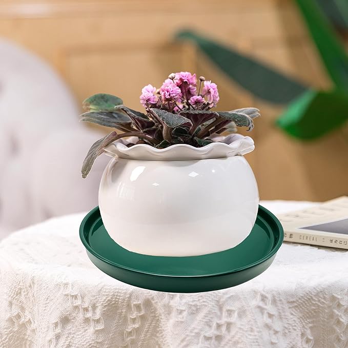 Ceramic Plant Saucer Pot Tray 10 Inch, Planter Saucers 4 5 6 7 8 9 10 11 12 13 Inch for Indoors Outdoor, Durable Sturdy Flower Drainage drip Water Tray for Glazed Pots Base (10.7 Inch-Green)