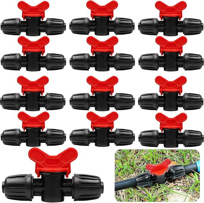 13 Pack Drip Irrigation Valve for 1/2 in Irrigation Tubing (1/2" Idx0.6-0.65" Od) Locked Barbed Ball Valve Drip Line Shut Off Valve Parts in Drip Irrigation Parts for Garden,16mm Drip Irrigation Parts