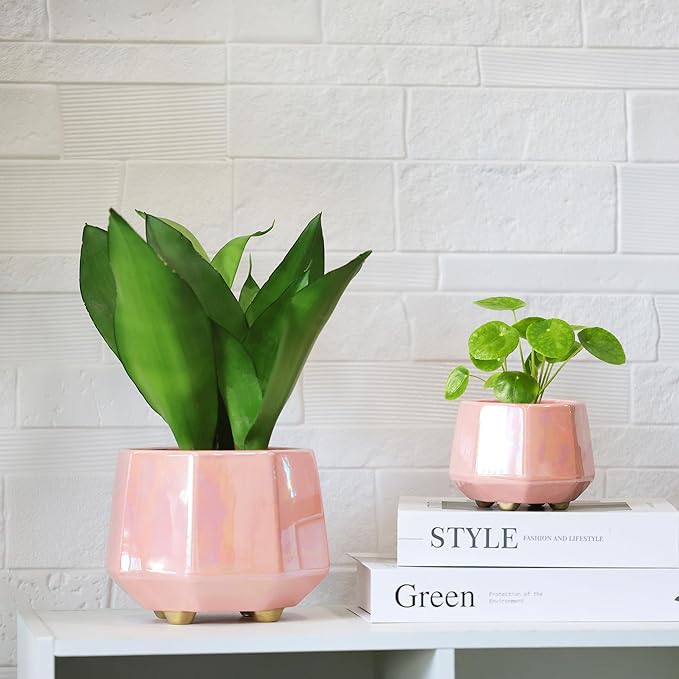 6 Inch + 4 Inch Ceramic Planter for Indoor Plants - Plant Pots with Drainage Hole - Modern Minimalist Flower Pot for Succulents and Herbs, Pink