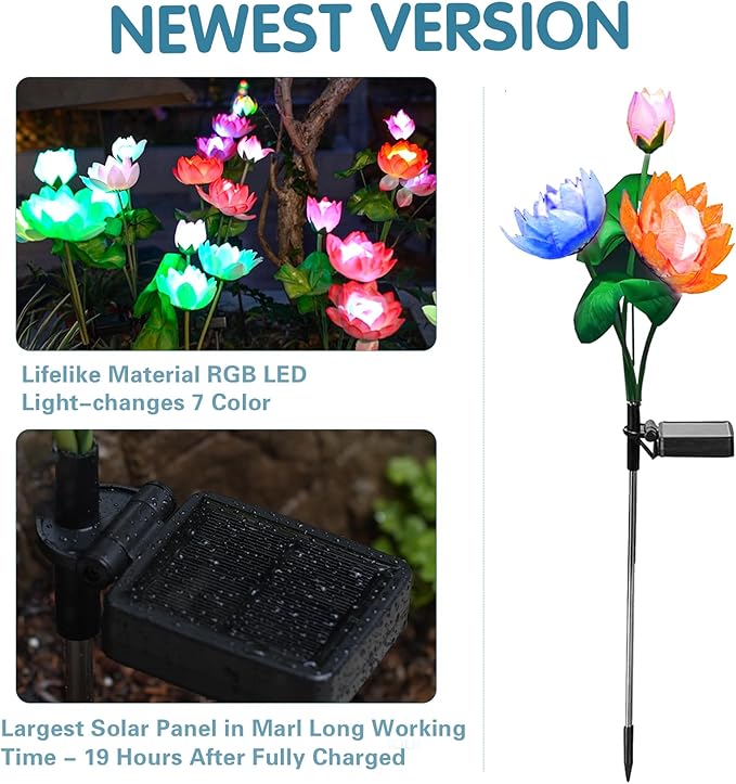 Solar Garden Lights - Solar Flower Lights, 7-Color Changing Lotus Lights for Yard, Garden Decoration, Bigger Solar Panel & Realistic Lotus Flowers (2 Pack)