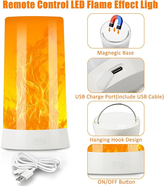 Bestview LED Flame Lights with Remote & Timer,4 Modes USB Rechargeable Battery Operated Fire Flickering Flameless Candles Campfire Table Lamp for Halloween,Christmas,Indoor&Outdoor Decoration (2 Pack)