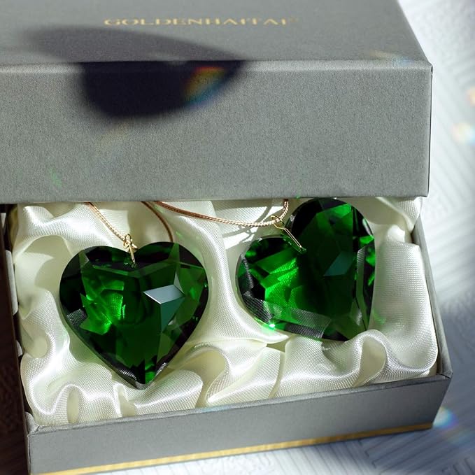 Green Heart Crystal Suncatcher, 2pc 45mm Hanging Prism for Windows, Outdoor Indoor Decoration, Rainbow Maker Gifts for Mom, Grandma, Friend