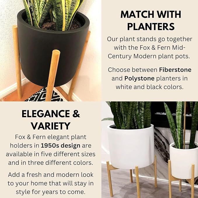 Fox & Fern Bamboo Plant Stand — 8 Inch Fixed Size Mid Century Plant Stand for Indoor Pots; Raised Flower Pot Holder for Indoors; Plug In Design; Two Height Options; Easy to Assemble - Bamboo