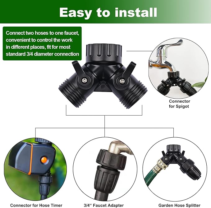 1/2 Inch Drip Irrigation Hose to Faucet Adapter for Drip Irrigation Tubing (.520" ID,.600" – .650" OD), 2 Way Y Water Splitter Connector for 3/4" Inch Garden Hose Spigot Faucet Bib