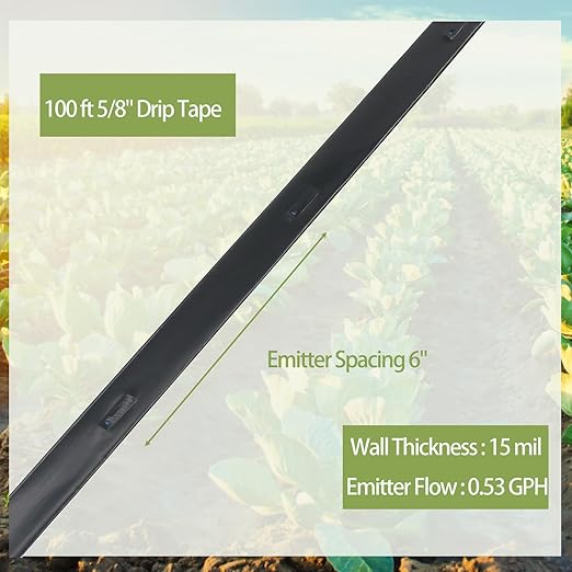 100 ft 5/8" Drip Tape Emitter Spacing 6" Irrigation Tape Drip Line Automatic Irrigation Equipment for Garden Irrigation Patio Wall Thickness : 15 mil Emitter Flow : 0.53 GPH Drip Tape Irrigation