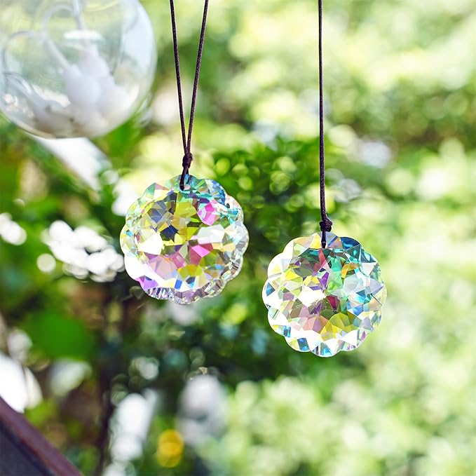 HDCRYSTALGIFTS Set 2 AB Color Crystal Suncatcher Datura Shaped Pendant Rainbow Feng Shui Hanging Prism (45mm)