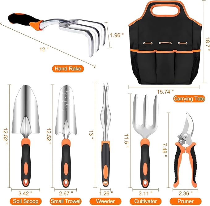 8 PCS Garden Tool Set, Stainless Steel Heavy Duty Gardening Tool Set, Outdoor Hand Tools, Storage Tote Bag, Ideal Garden Tool Kit Gifts for Women and Men