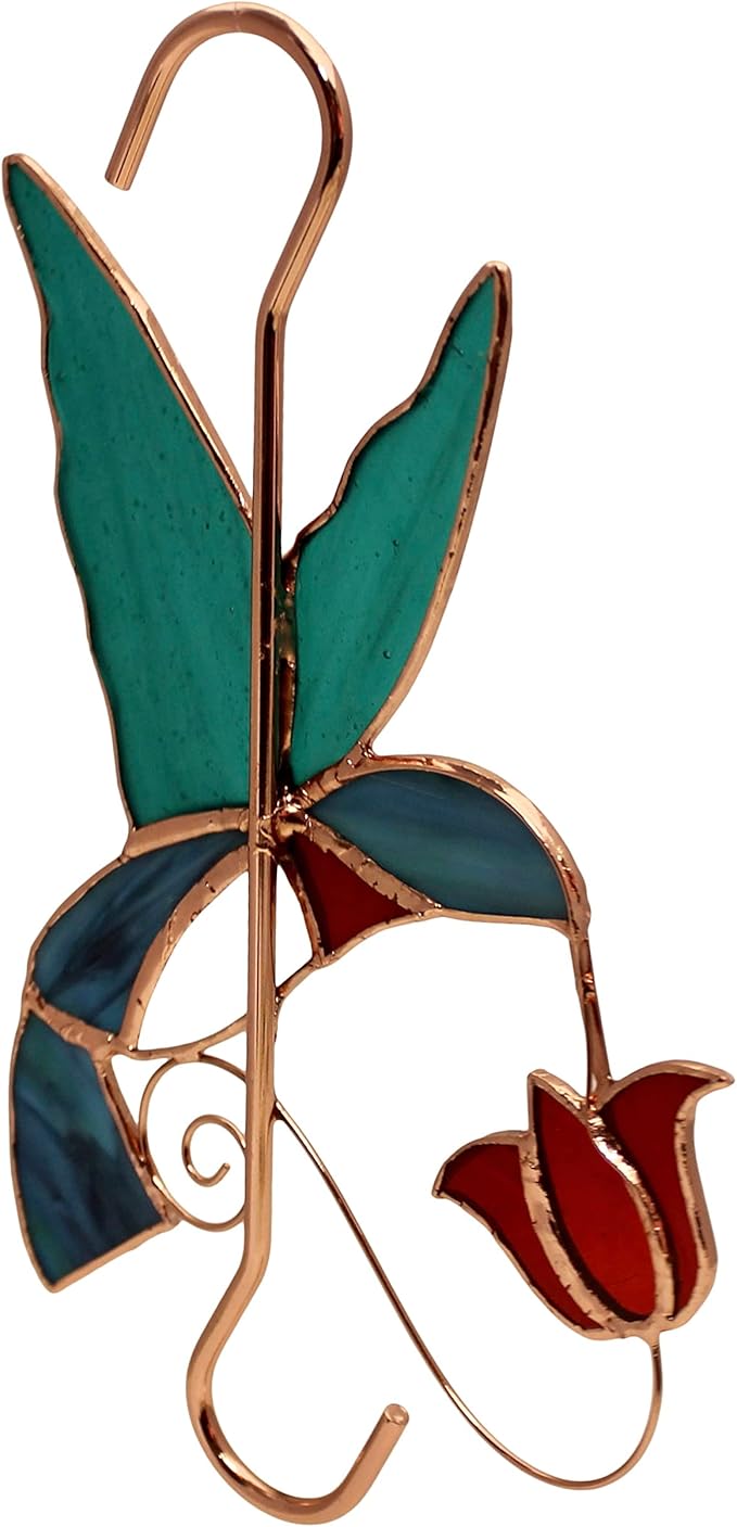 Stained Glass Window Plant Hanger - Hummingbird with Red Flower - Sun Catcher Plant Hook with Copper Hooks Top and Bottom for Indoor and Outdoor Use