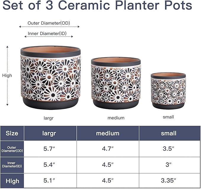 3 Piece Ceramic Plant Pots, 5.7/4.7/3.5/inch Planters with Drainage Hole, Outdoor Indoor Flower Pots Set, Modern Decorative Plant Pots for Lilies, Cacti, Succulents, Snakes, Bamboo(Grey)