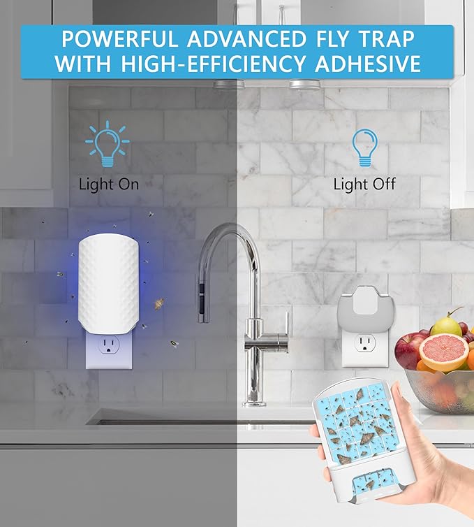Flying Insect Trap for Indoors, Bug Killer Light Trap for Fruit Flies, Gnats, Moths, and Houseflies, 2 Devices + 8 Refills, Best Fly Traps for Home, Kitchen, Bedroom, Plant Area, Garages