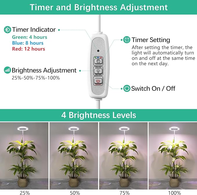 LORDEM Full Spectrum LED Grow Lights, Brightness Adjustable Plant Lamps with Auto On/Off Timer, Height Adjustable Growing Lights for Indoor Plants, Pack of 2