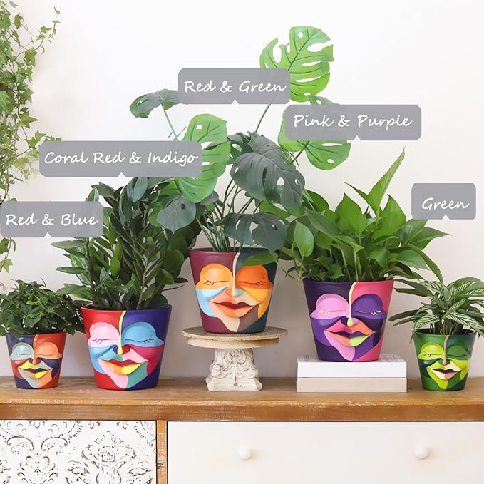GUGUGO 8 Inch Planter Abstract Rainbow Face Pots for Plants, Unique Head Planters Pots with Drainage, Cute Eclectic Flower Pots for Garden, Colorful Funny Room Decor (Mainly Green)