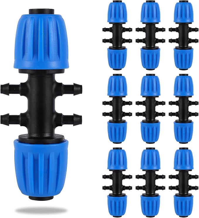 10 Pcs Barbed 6-Way Locked Connectors, 1/2 (Tubing OD 0.620 in.ID is 0.520. in) to 1/4 Inch Irrigation Tubing Fitting,Variable Diameter 6 Way(10 Pcs Blue)