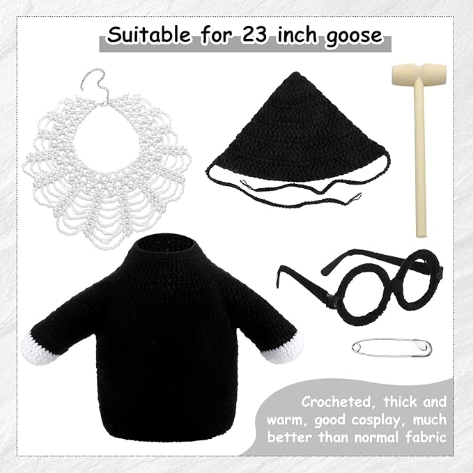 Crochet Justice Goose Outfit Handmade Federal Judge Lawn Goose Clothes Halloween Porch Goose Outfit with Glasses and Mallet for 23'' Goose Halloween Outdoor Patio Yard Lawn Art Decoration