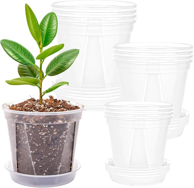 CEWOR 12pcs 4/5/6 Inch Clear Nursery Pots with Saucer, Transparent Plastic Plant Pots with Drainage Hole for House Plants, Flower, Succulent and Outdoor Clearance