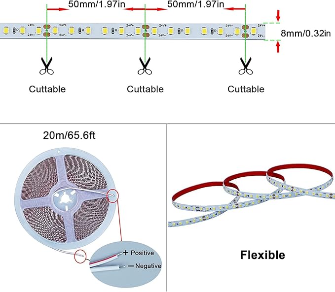 24V 65.6ft/20m LED Strip Light Natural White 4000K 2400LEDs High Brightness 12000LM SMD2835 Flexible No-Waterproof IP20 LED Tape for Kitchen Backyard Hallways Stairs Decoration(No Power Supply)