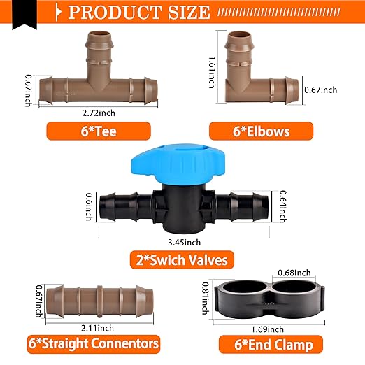 Drip Irrigation Fittings Kit,Irrigation Barbed Connectors for 1/2" Drip Tubing, Drip Line Parts - 6 Couplings, 6 Tees, 6 Elbows, 6 End Clamps, 2 Switch Valves