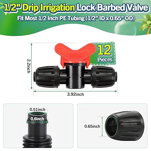12 Pack Drip Irrigation Shut Off Valve Fittings for 1/2 Inch Drip Tubing(1/2" ID x 0.65" OD), Anti-drop Barbed 1/2'' Drip Line Ball Valve Connectors with Lock Nut for Garden Irrigation System