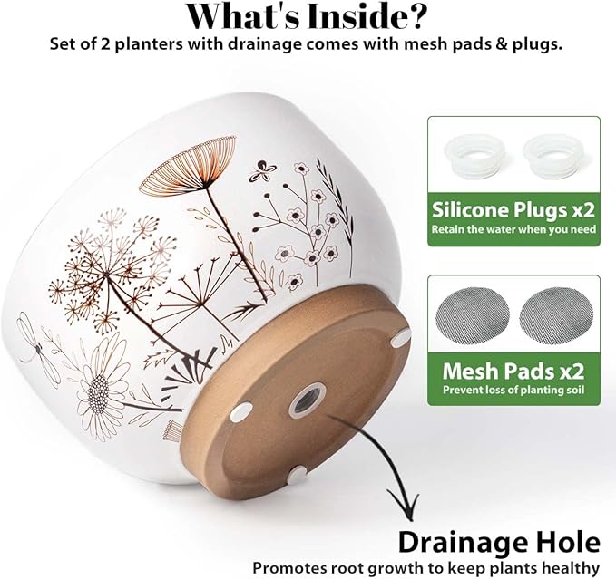 YBX 8 Inch + 6 Inch White&Terracotta Flower Pots, Succulent Ceramic Plant Pots with Drainage Holes, Terracotta Planters for Indoor Plants (Garden)