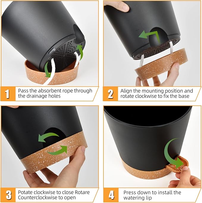 Planters for Indoor Plants 7/6.5/6/5.5/5 Inch, Self Watering Flower Pots with Drainage Holes and Saucers 5 Pack Plastic Pots for Plants, Succulents, Herbs, Cactus, Flower, Black