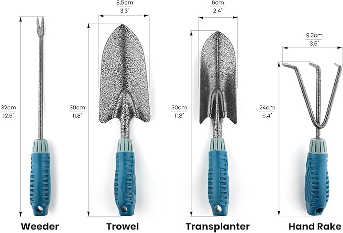 4 Piece Garden Tool Set Heavy Duty, Gardening Hand Tools Work No-Slip Grip Trowel Transplanter Weeder Hand Rake, Ergonomic Handle Indoor Outdoor