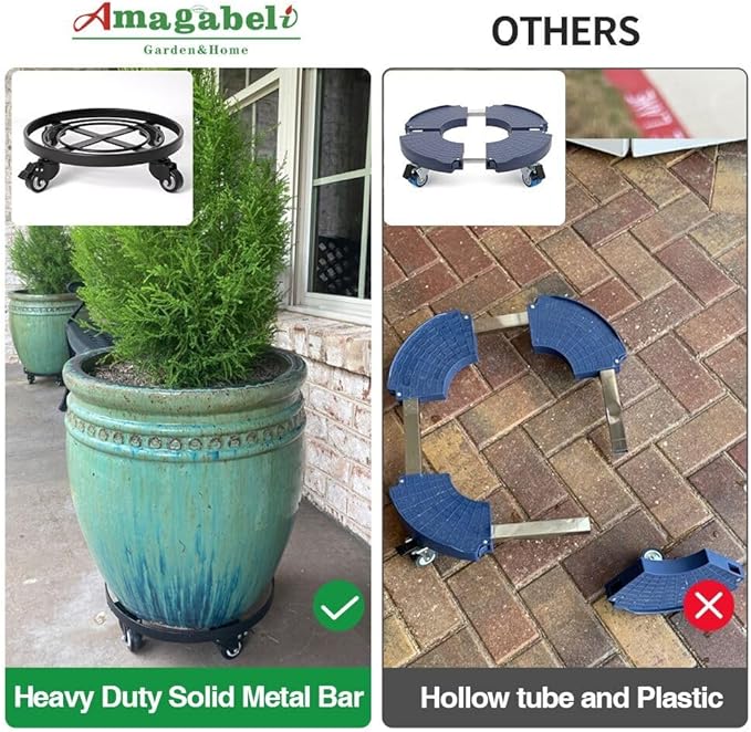 AMAGABELI GARDEN & HOME 12" Metal Plant Caddy Heavy Duty Plant Stand with Wheels Wrought Iron Potted Brake Flower Pot Rack Rollers Mover Dolly Holder Indoor Outdoor Planter Trolley Caster BG1622