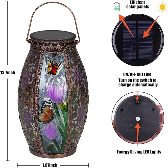Solar Lanterns Outdoor Hanging Light - Solar Powered LED Butterfly Glass Lights Decorative Waterproof Tabletop Lampwith Hollowed-Out Design for Indoor Yard Table Patio Garden Pathway Holiday