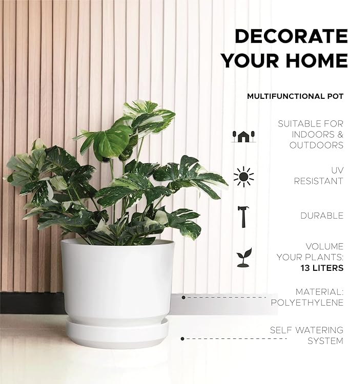 Elly Décor 14 inch Plastic Cylinder Planter Pot with Self-Watering Saucer and Drainage Hole,Lightweight & Extremely Durable, 14"x 14", White