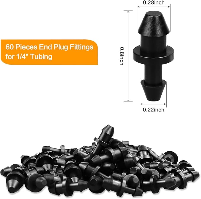 60 Pieces Drip Irrigation 1/4" Tubing End Plugs Fittings, Barbed Connectors End Cap for 1/4 Inch Irrigation Tubing, Drip Line End Closure for Drip Sprinkler Garden Lawn Systems