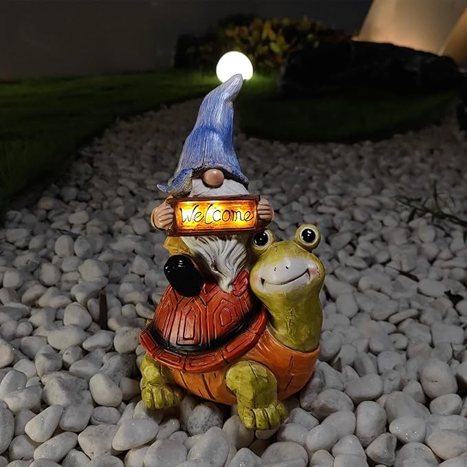 Welcome Solar Gnome Clearance Riding Turtle Statue for Garden Decor - Solar Outdoor Christmas Statue Sculpture Home and Garden Decor for Patio,Yard,Balcony Ornament,Turtle Figurine Light Gifts