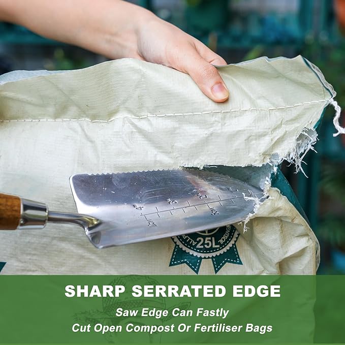 Haliaeetus Garden Trowel with Serrated Edge, 4'' Depth Marks Planting Shovel, V-Shaped Sharp Edge Garden Shovel, Stainless Steel Hand Shovel with Comfortable Wood Handle for Planting and Weeding