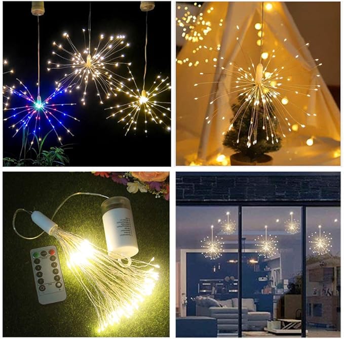 FOOING 4 Pack Firework Lights Led Copper Wire Star String Lights 8 Modes Battery Operated Fairy Lights with Remote,Wedding Decorative Hanging Lights for Party Patio Garden Decoration