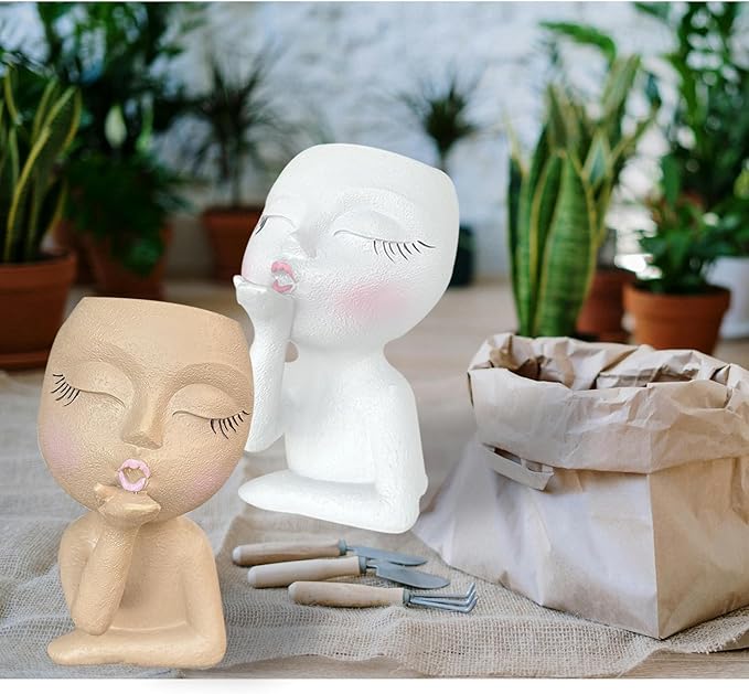 Cute Head Planter Pot/Face Planters for Indoor Plants,with Drainage Hole,Flower Pot Face pots Cute Lady Head Planters Pot for Indoor Outdoor Plants,Cute Resin Succulent Planter (White)