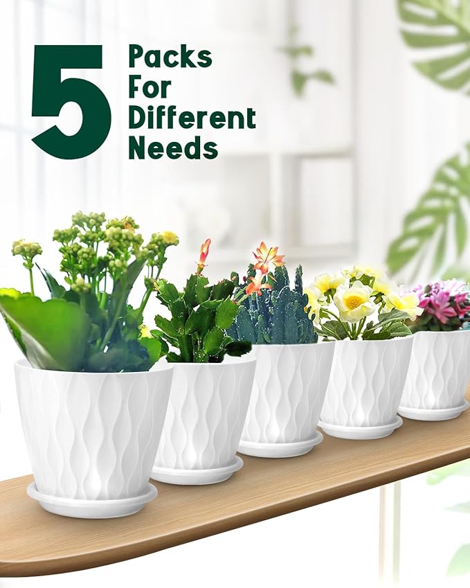 6 Inch Indoor Planter Pots with Drainage Hole and Tray Saucer,Flower Pots for Indoor Outdoor Garden Plants and Flowers, Multicolor, 5 Packs (White)