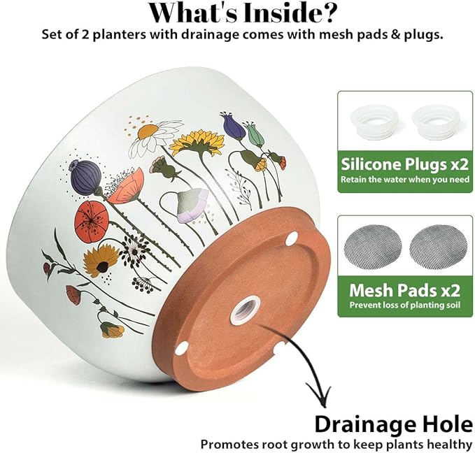 YBX 8 Inch & 6 Inch Terracotta Pots, Plant Pots Indoor, Flower Pots for Indoor Plants with Drainage, Planters with Floral Accent for Indoor Plants (French Country)