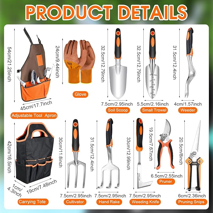 11 Pcs Garden Tool Set Heavy Duty Aluminium Alloy Tools with Ergonomic Handle, Durable Gardening Hand Tools Kit Includes Apron,Storage Tote Bag, Gardening Gifts for Women Men(Orange)