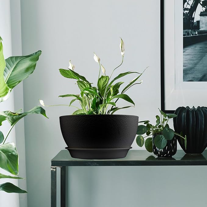 13 inch Plant Pots Pack of 2, Plastic Planter with Drainage Holes and Saucers, Plant pots for Indoor Outdoor Use, Flower Pots for All House Plants (Black)